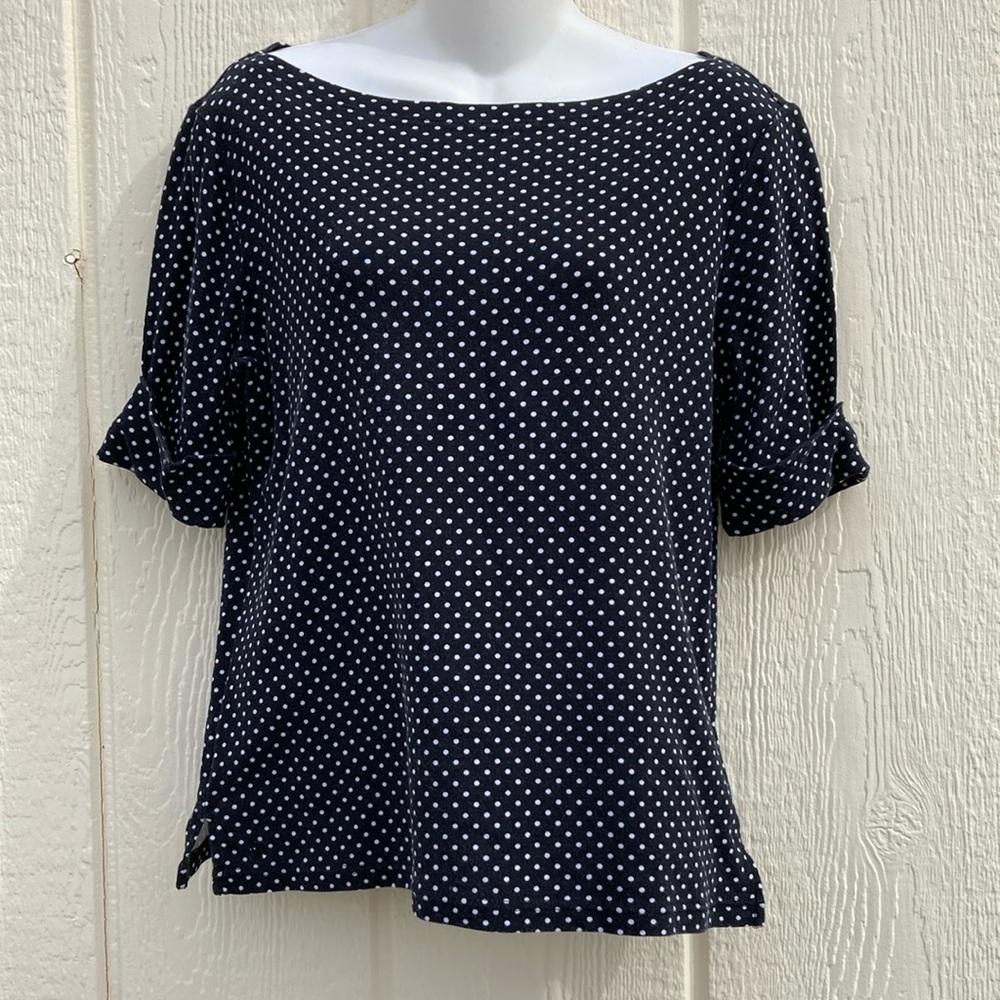 Lauren Ralph Lauren Polka Dot Boat Neck Pullover Top Women’s Size L Black White